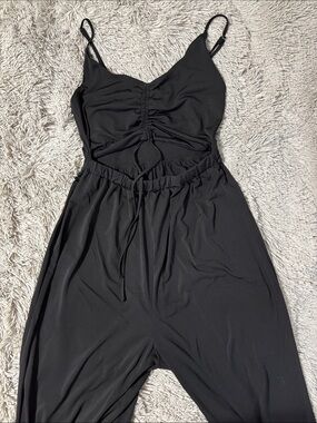 Love Tree Black Spaghetti-Strap Jumpsuit with Ruched Front